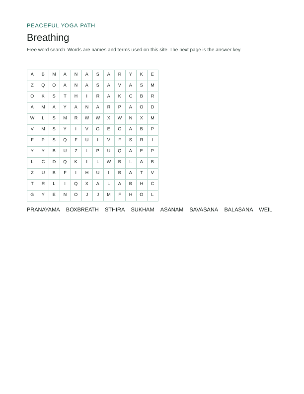First page of the Breathing word search