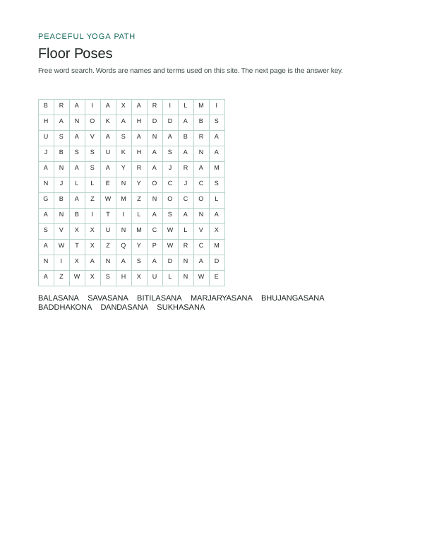 First page of the Floor Poses word search