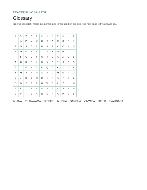 First page of the Glossary word search