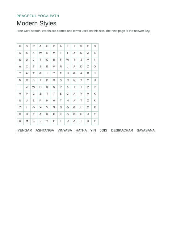 First page of the Modern Styles word search