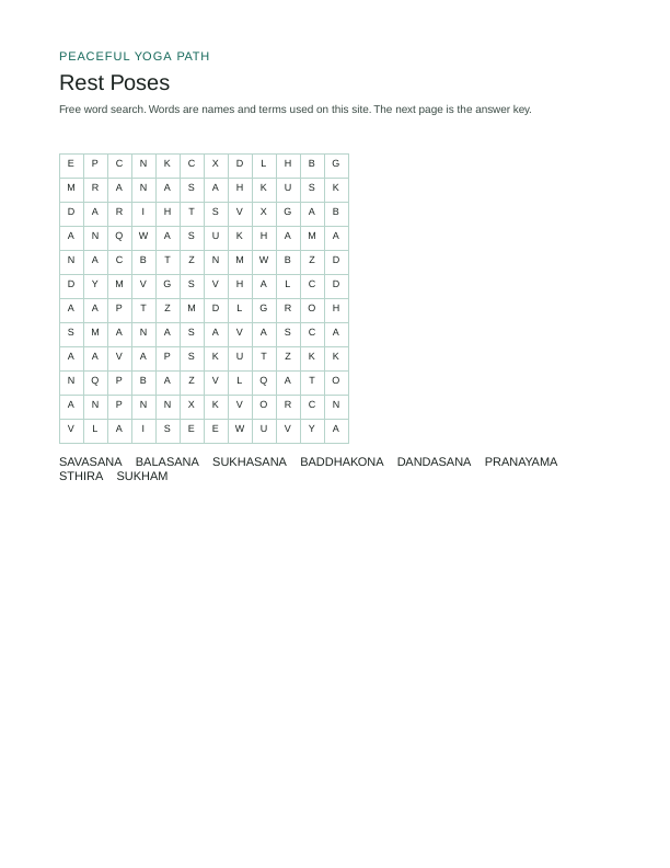 First page of the Rest Poses word search