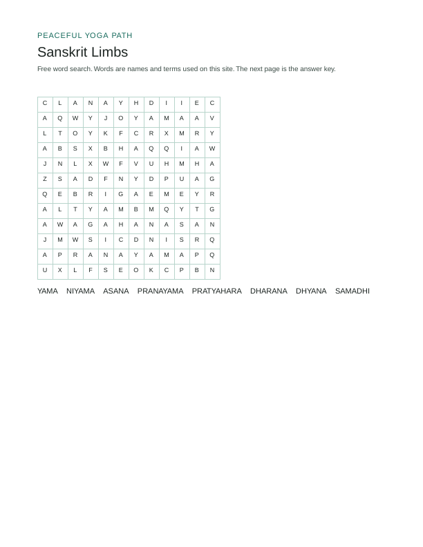 First page of the Sanskrit Limbs word search