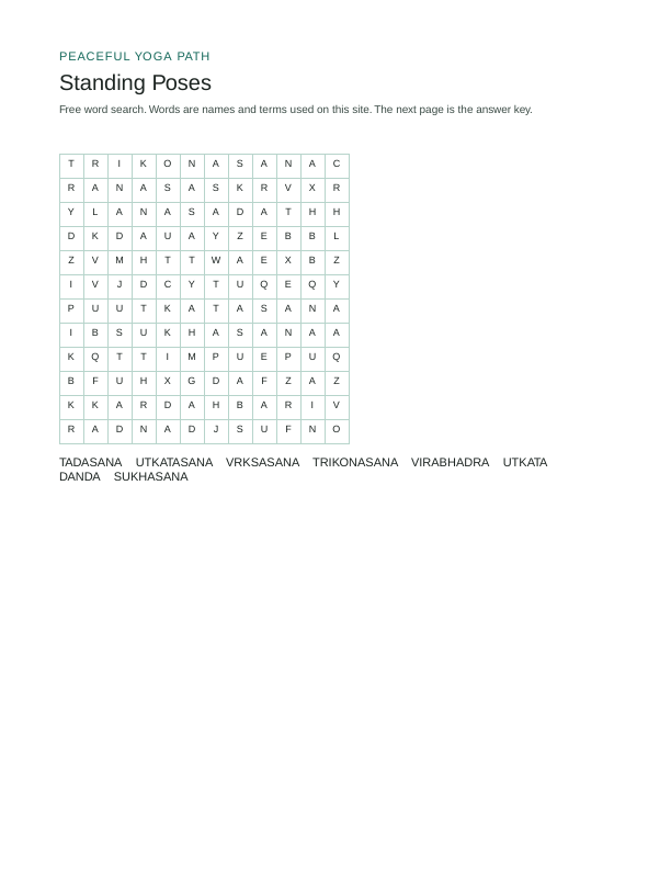 First page of a yoga word search