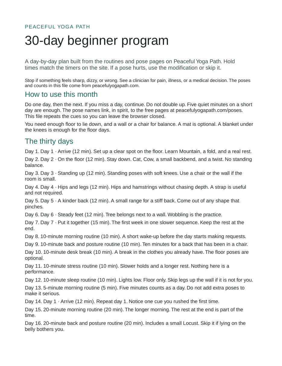 First page of 30-day beginner program