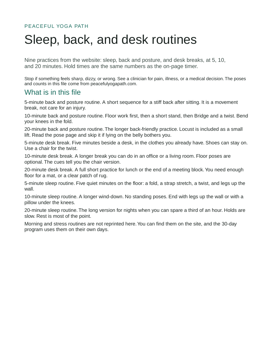 First page of Sleep, back, and desk routines